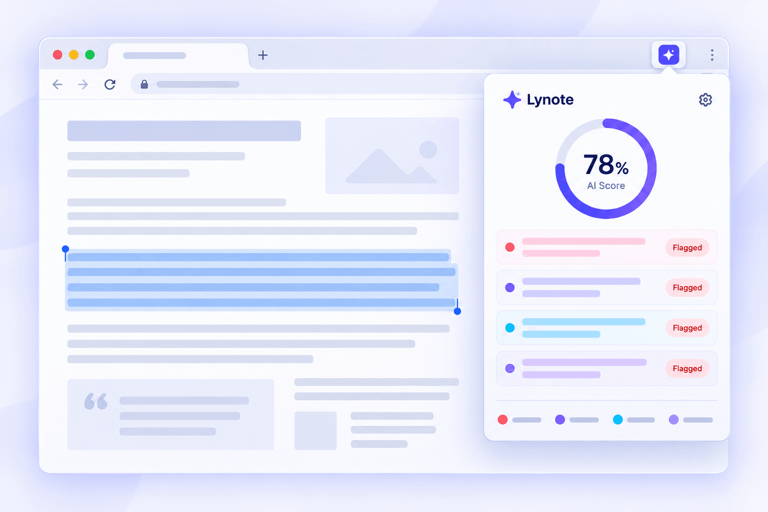 Lynote AI Detector Chrome extension showing an AI score for selected browser text