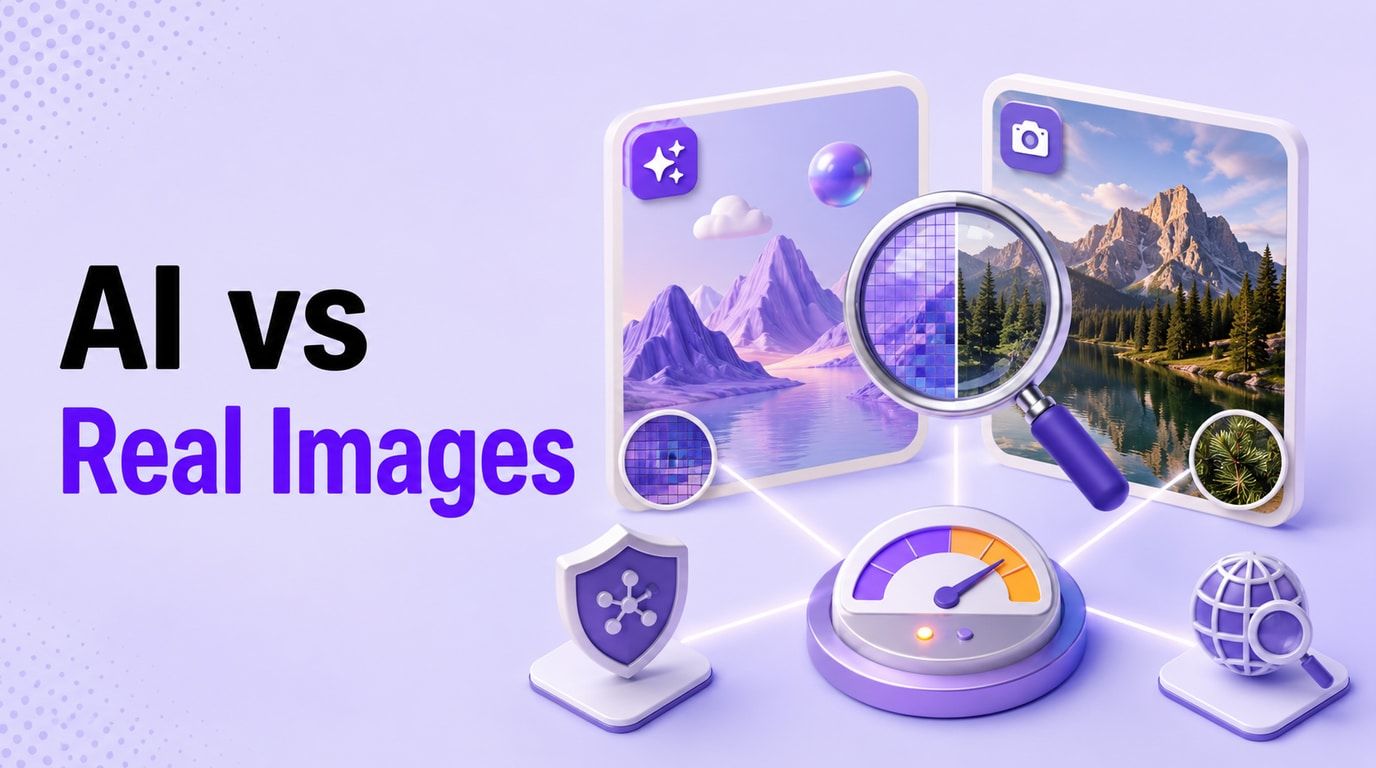 AI vs real images cover showing image verification clues and detector results