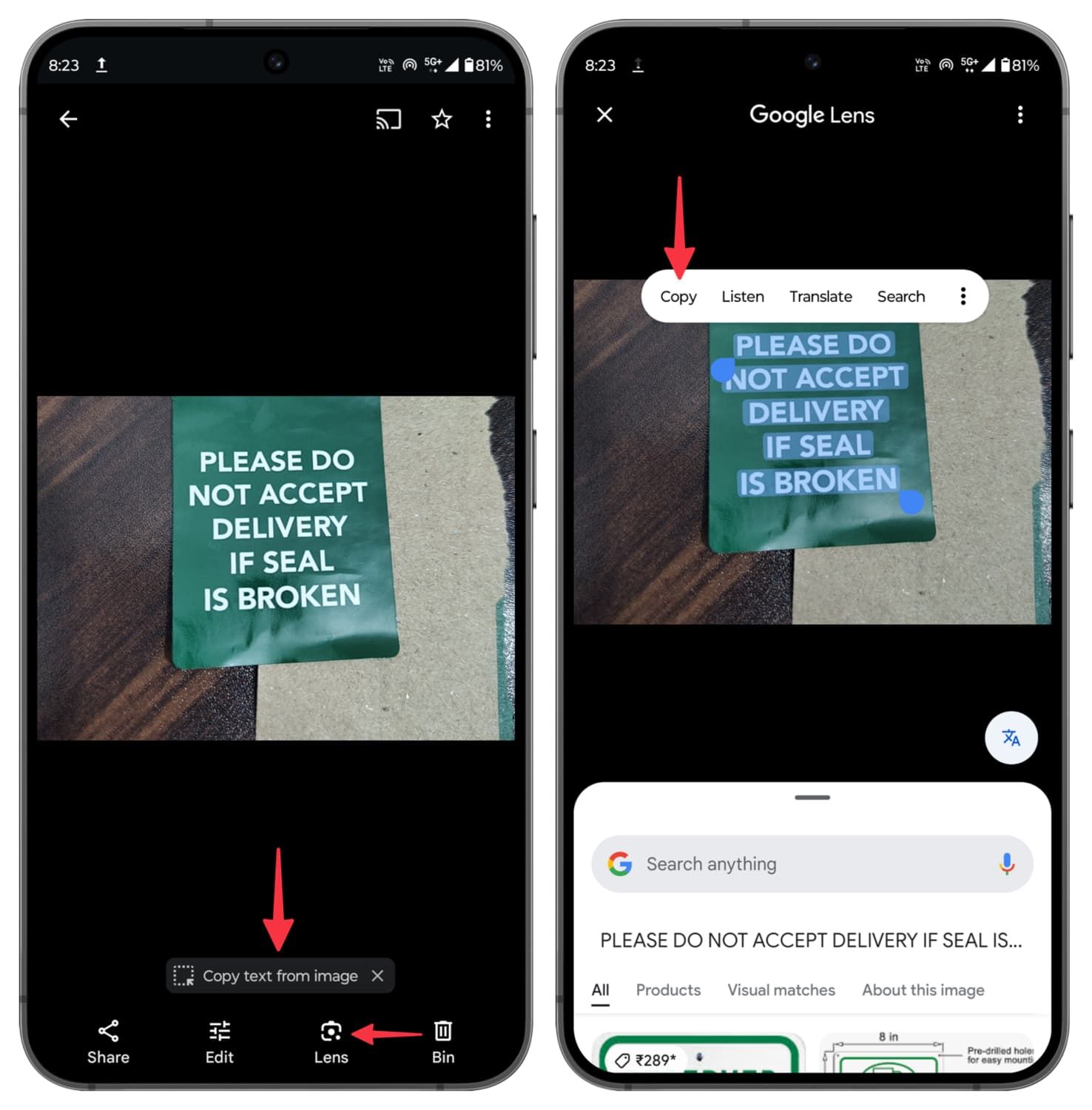 Google Fotos auf Android öffnet Google Lens, um Text auszuwählen und zu kopieren