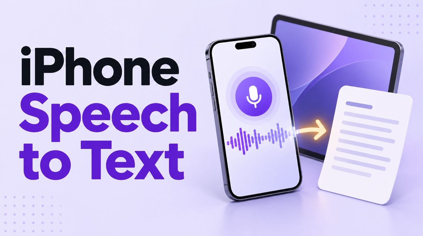 iPhone Speech to Text cover showing spoken audio becoming a transcript