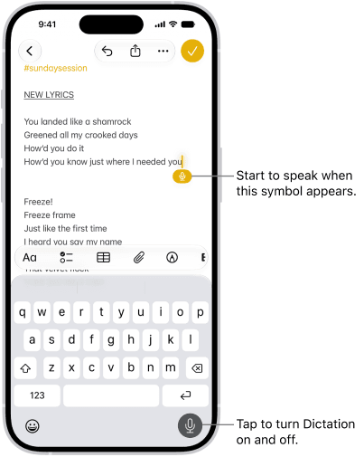 Apple Dictation microphone and keyboard in an iPhone text field