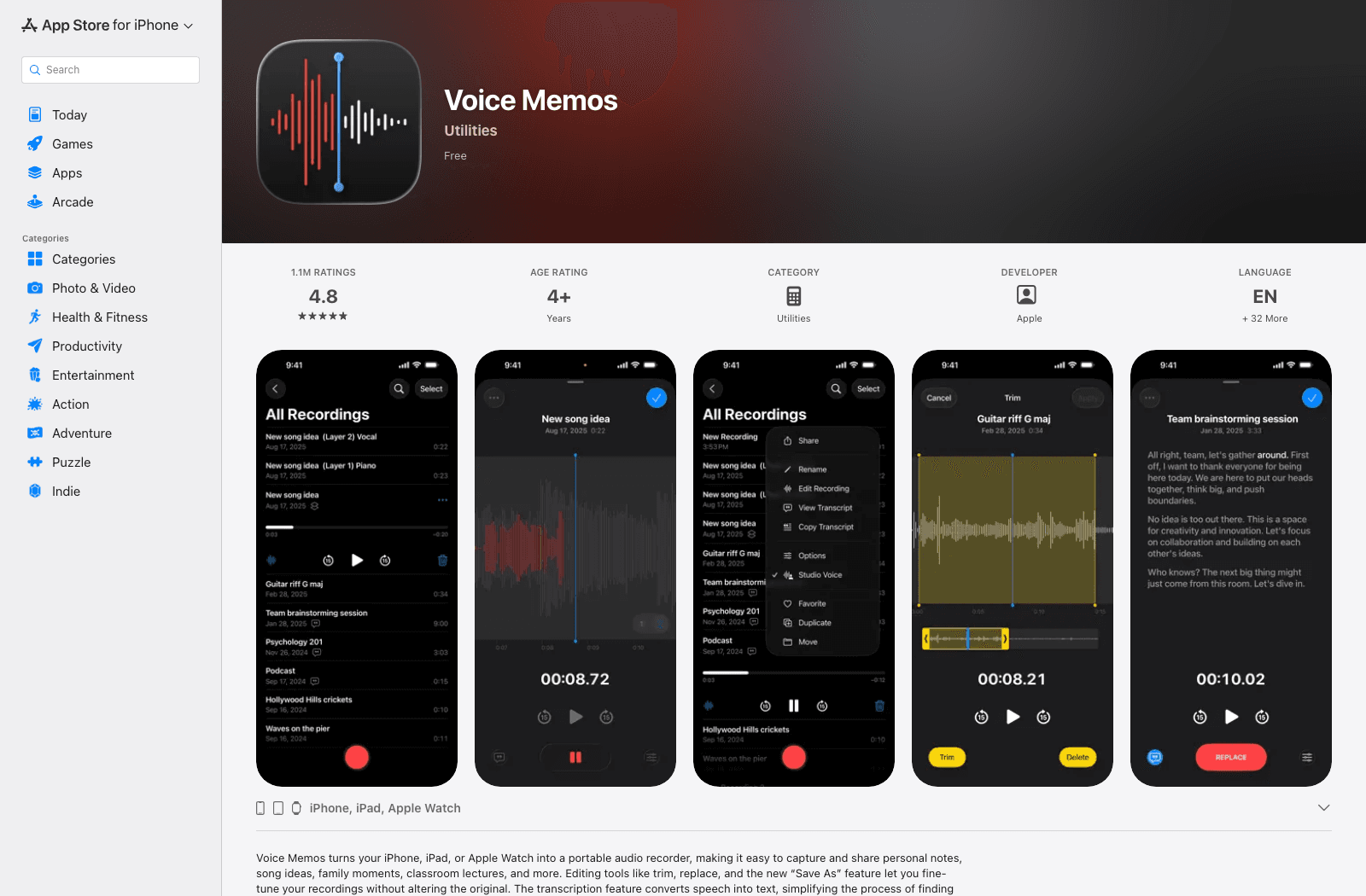 Apple Voice Memos app listing with recording and transcript screens