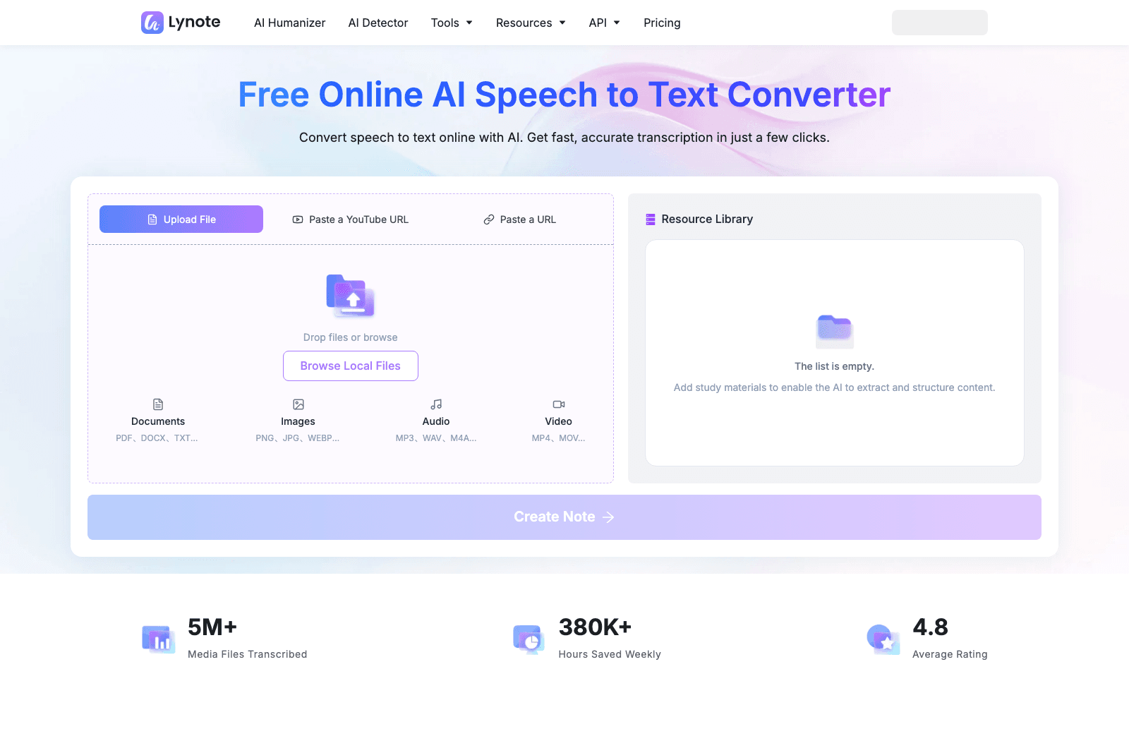 Lynote Speech to Text upload interface on a browser