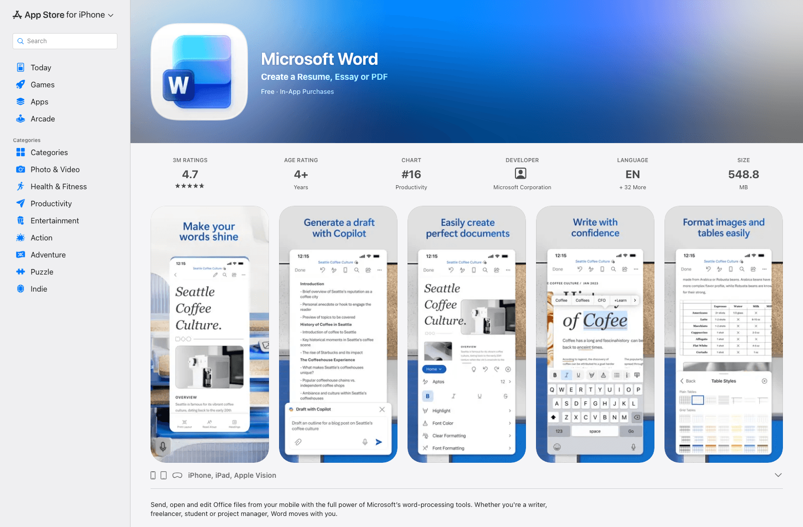 Microsoft Word app listing with mobile document editing screens