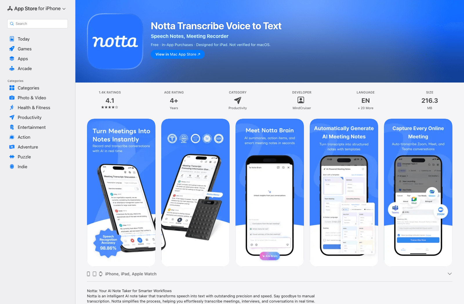 Notta app listing with mobile transcription screens