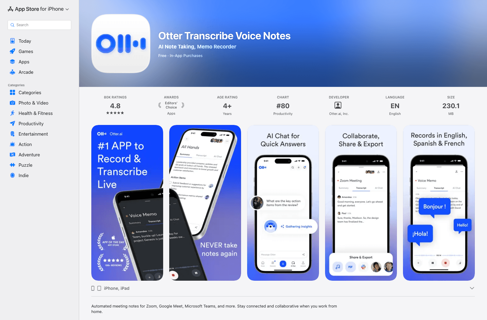 Otter AI app listing with meeting transcription screens