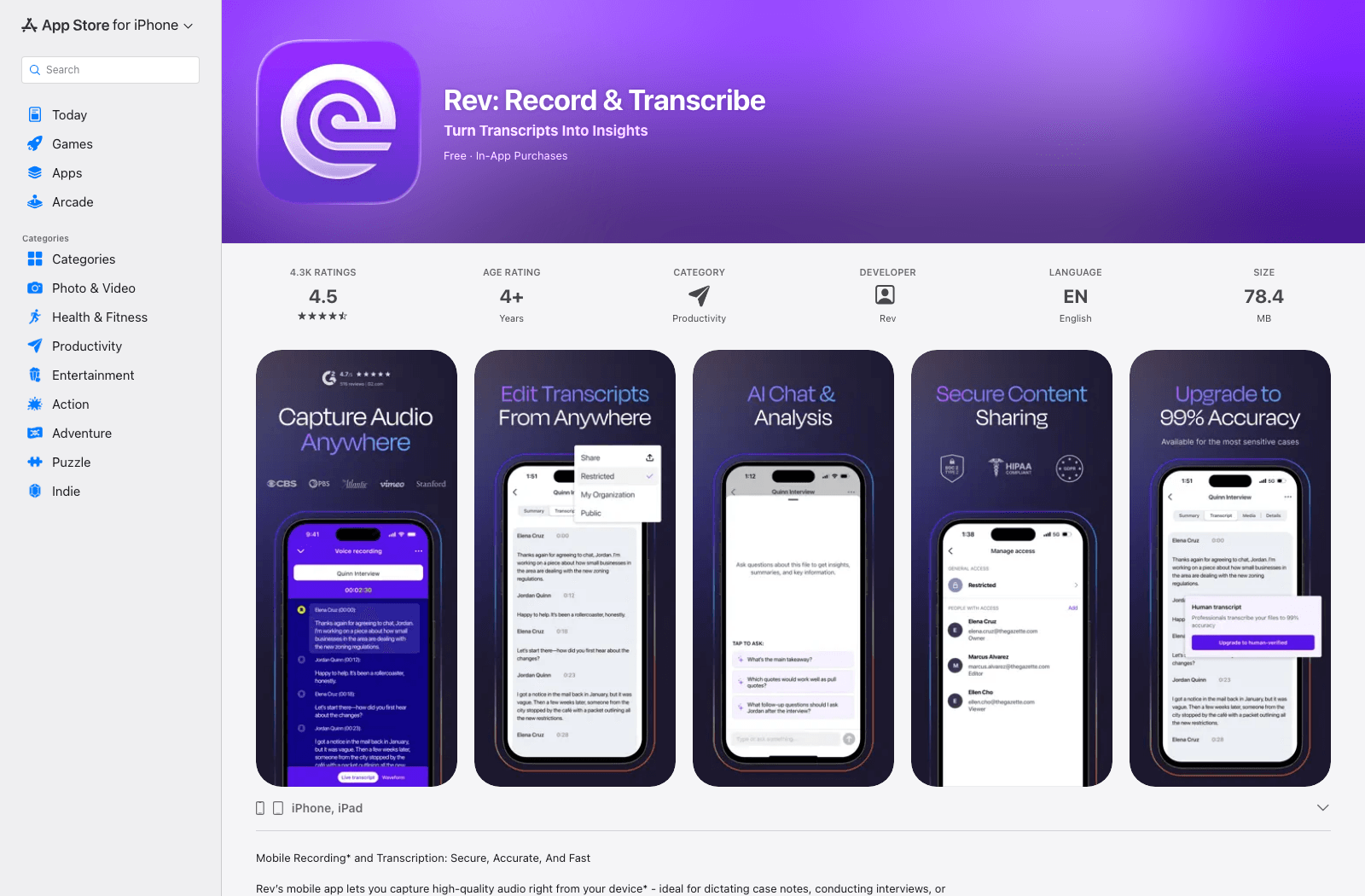 Rev app listing with recording and transcription screens