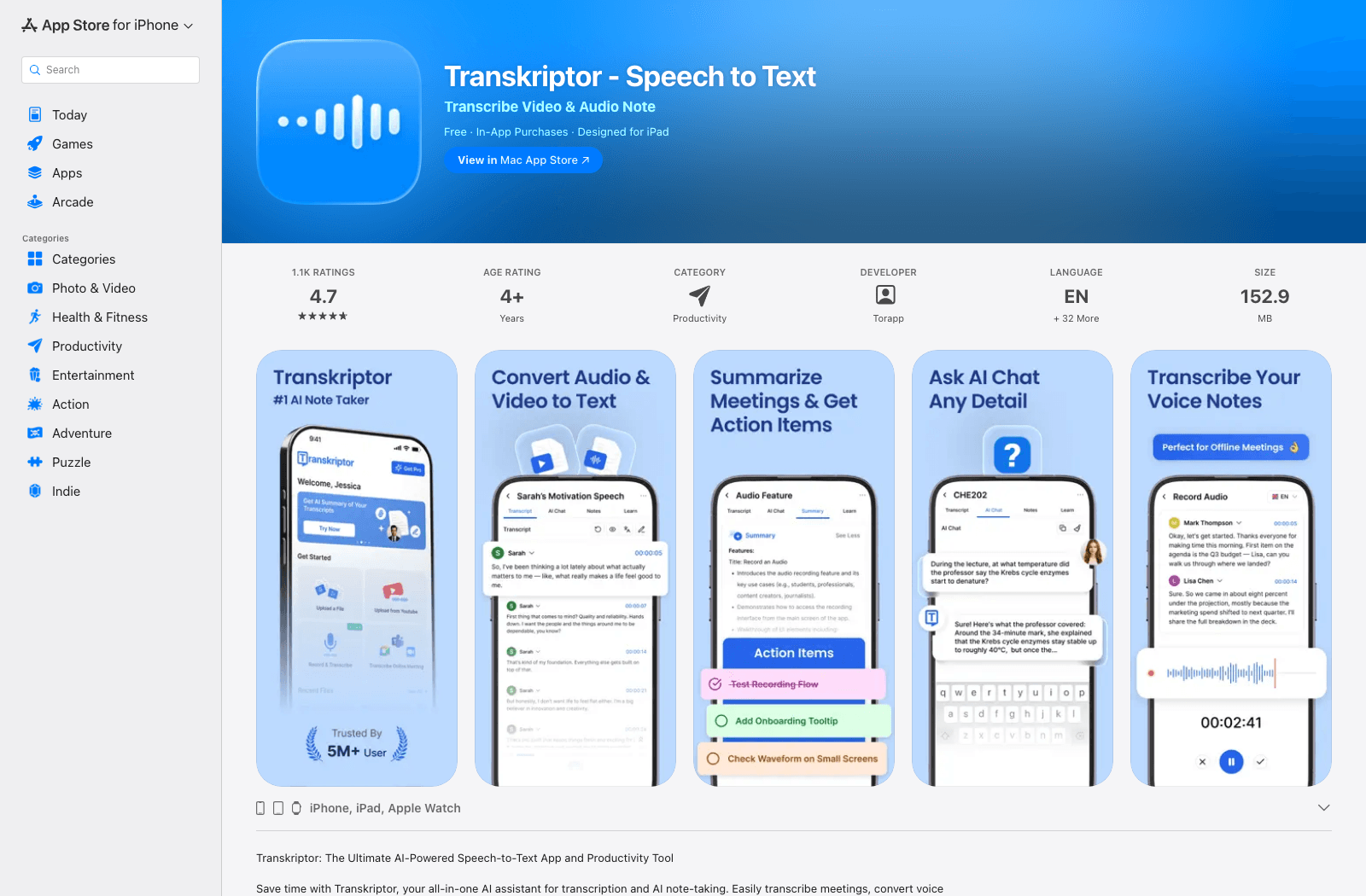 Transkriptor app listing with audio and video transcription screens