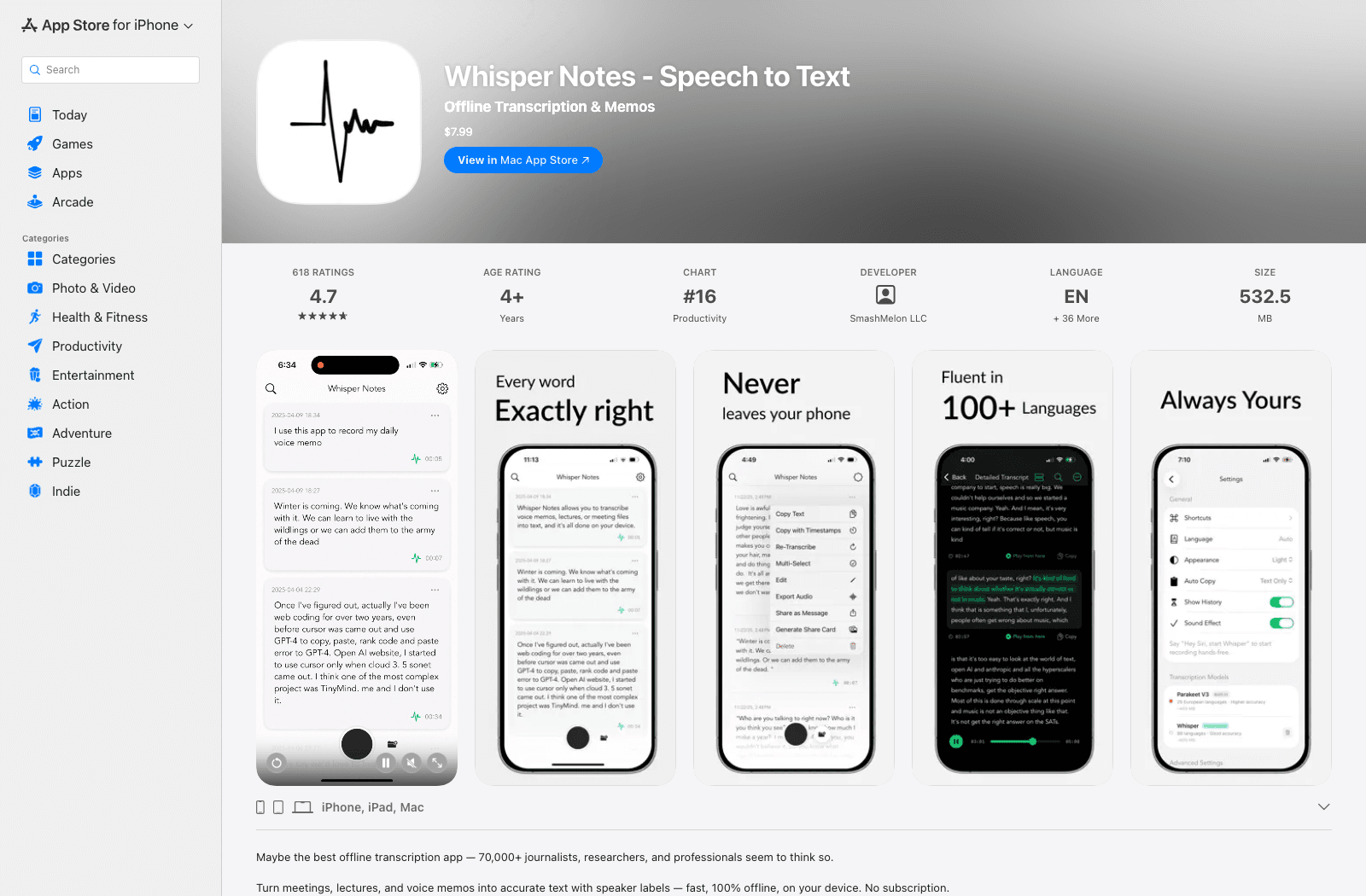 Whisper Notes app listing with offline transcription screens