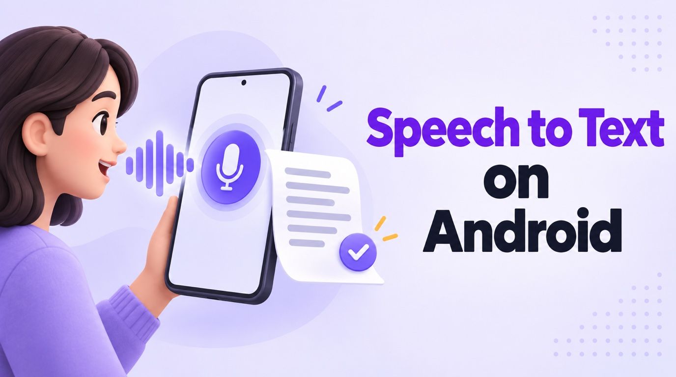 Speech to text on Android illustrated by a phone converting spoken audio into an editable transcript