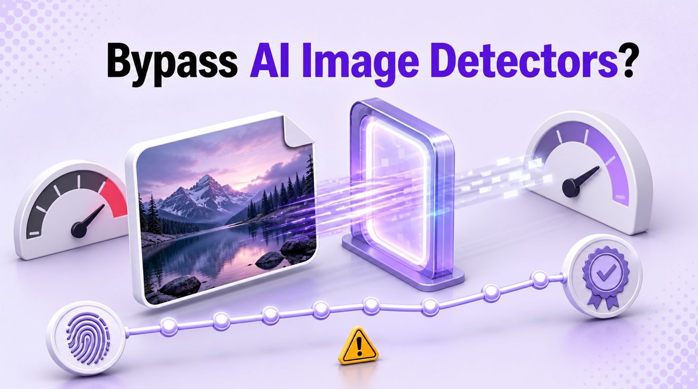 Bypass AI Image Detectors in 2026 cover showing changing detector scores and an image provenance trail