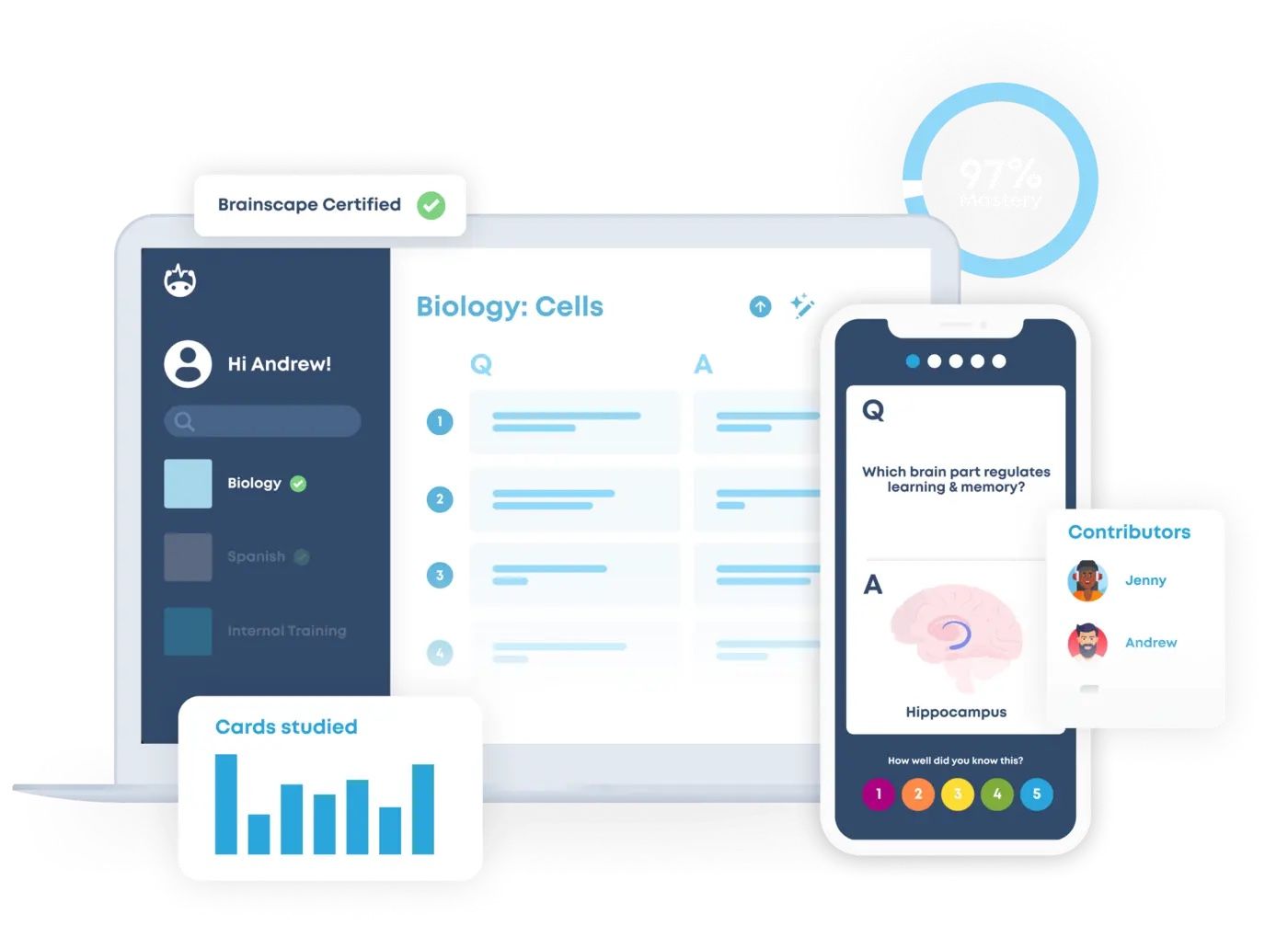 Brainscape flashcard study interface on desktop and mobile