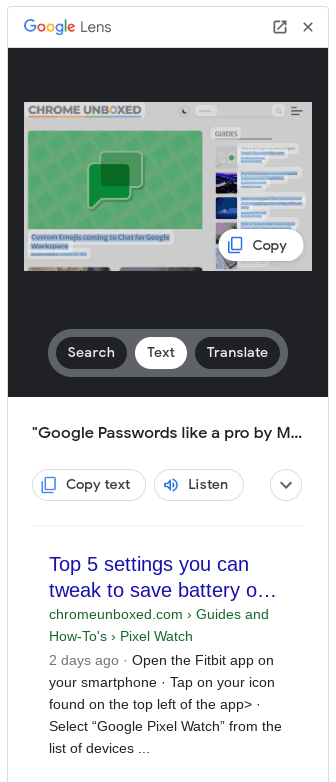 Google Lens auf Chromebook mit erkanntem Text und der Aktion Text kopieren