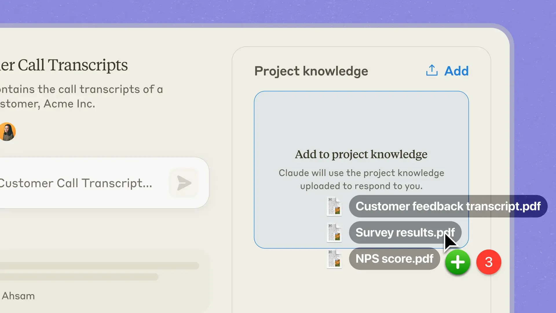 Claude Projects knowledge interface for adding source documents
