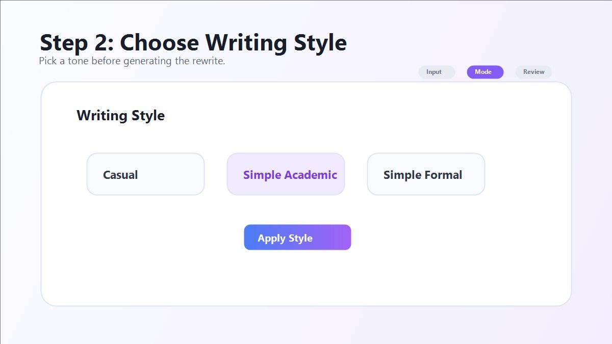 Choose writing style in Clever AI Humanizer step