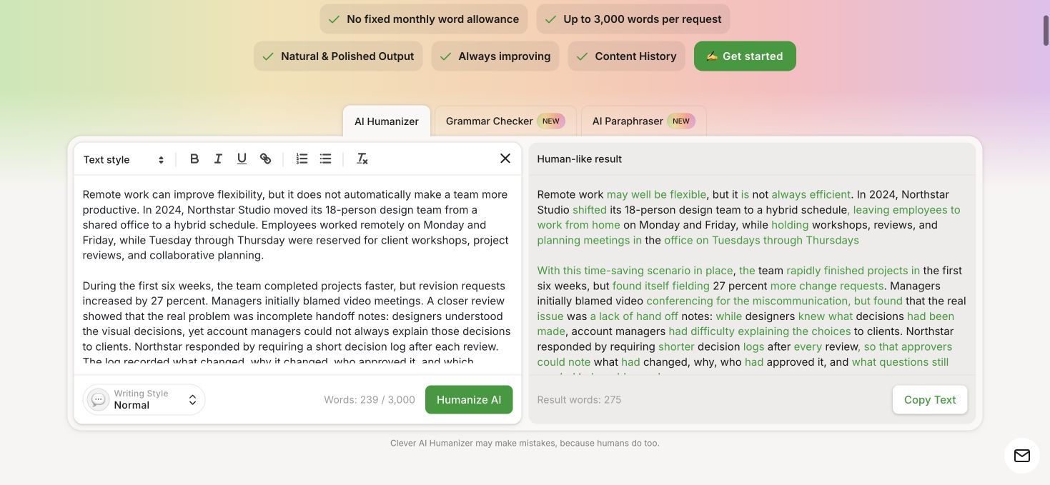 Результат теста Clever AI Humanizer с тем же текстом