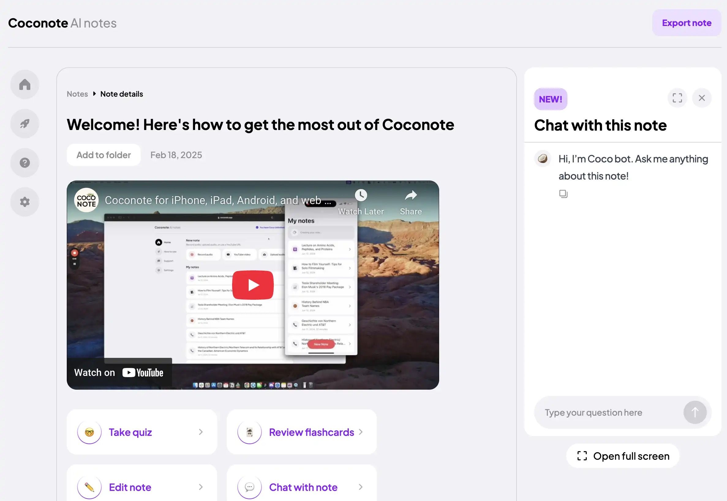 Espacio de trabajo de apuntes de IA de Coconote con chat de apuntes, cuestionario, tarjetas de estudio y herramientas de edición