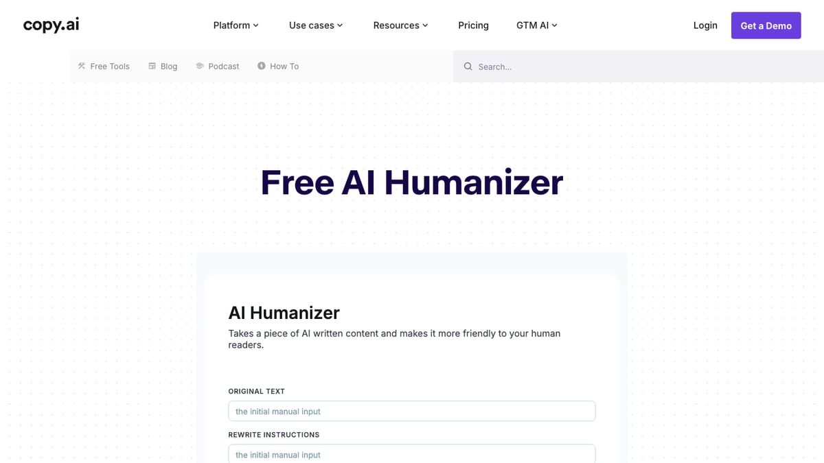 Copy.ai Ücretsiz Yapay Zeka İnsanlaştırma sayfası