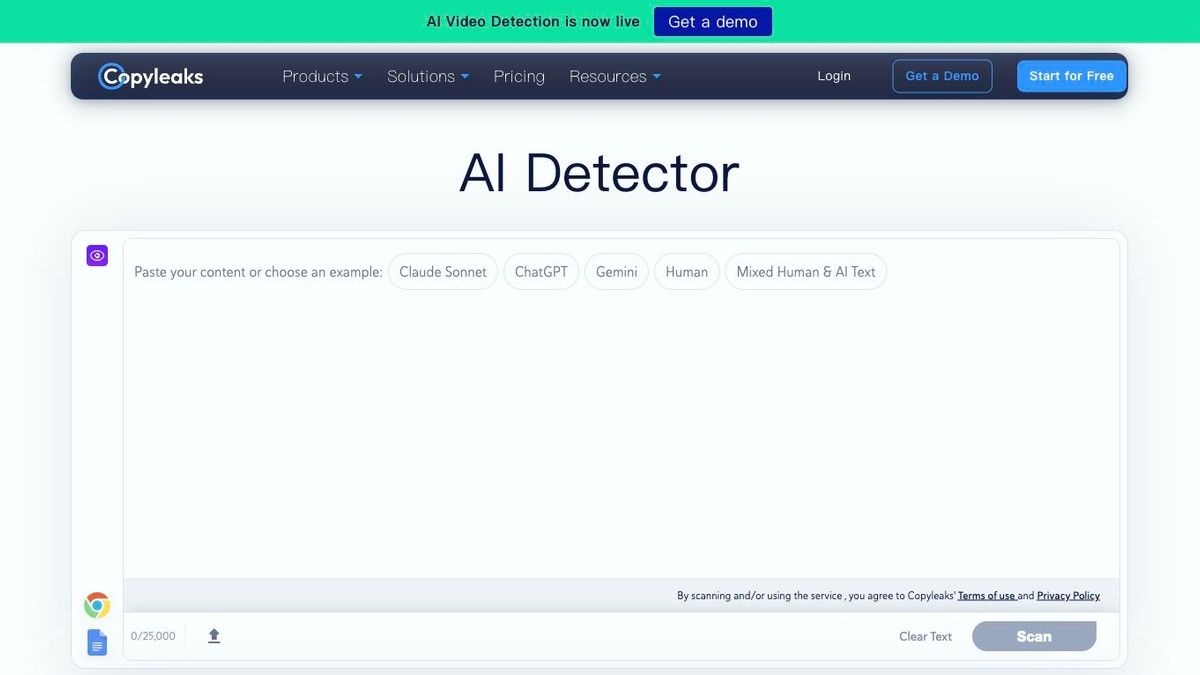 Copyleaks AI Detector page with text input box and scan button