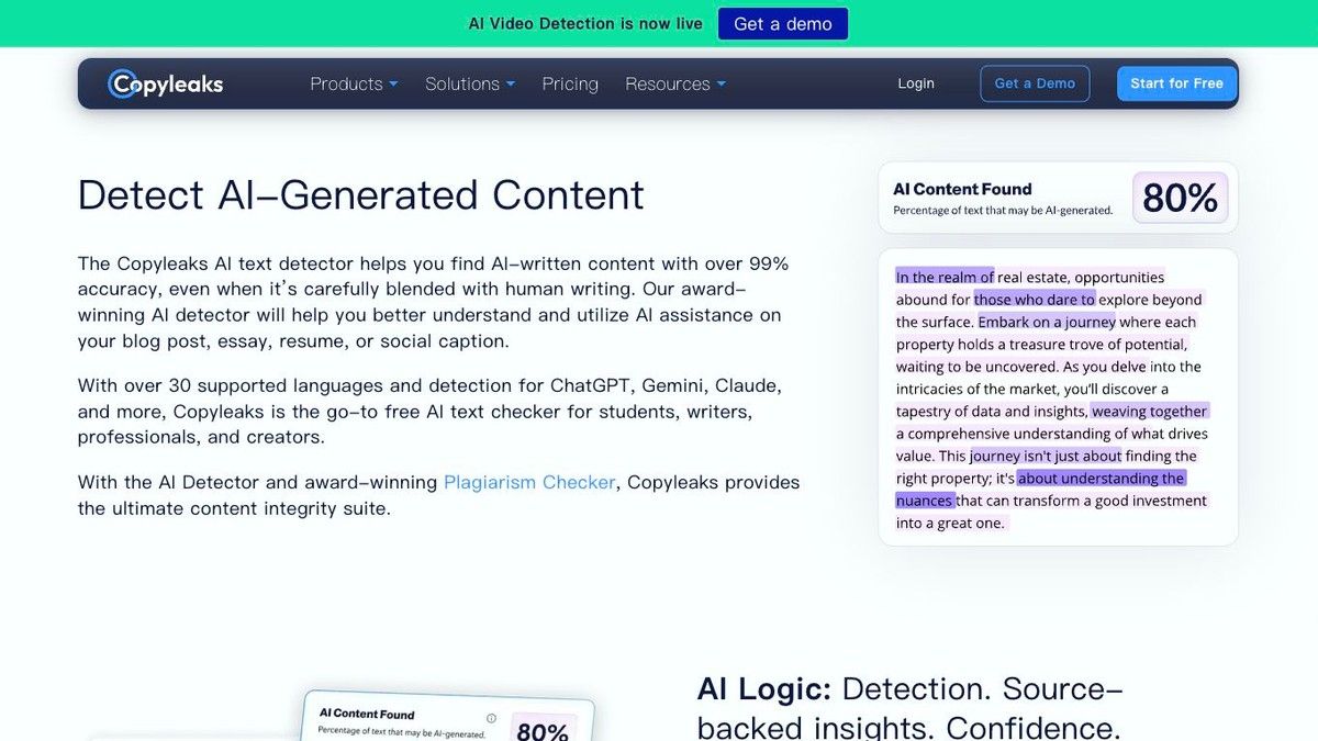 Copyleaks AI Detector page showing AI content detection and AI Logic features