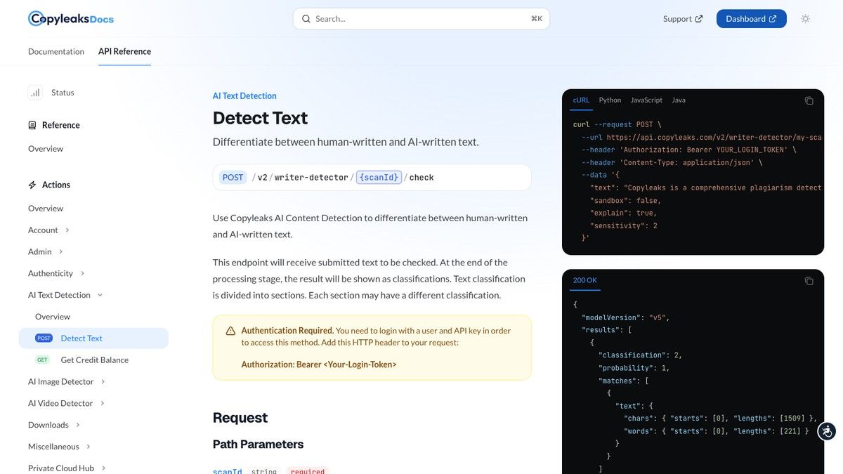 Copyleaks API documentation for Detect Text AI text detection endpoint