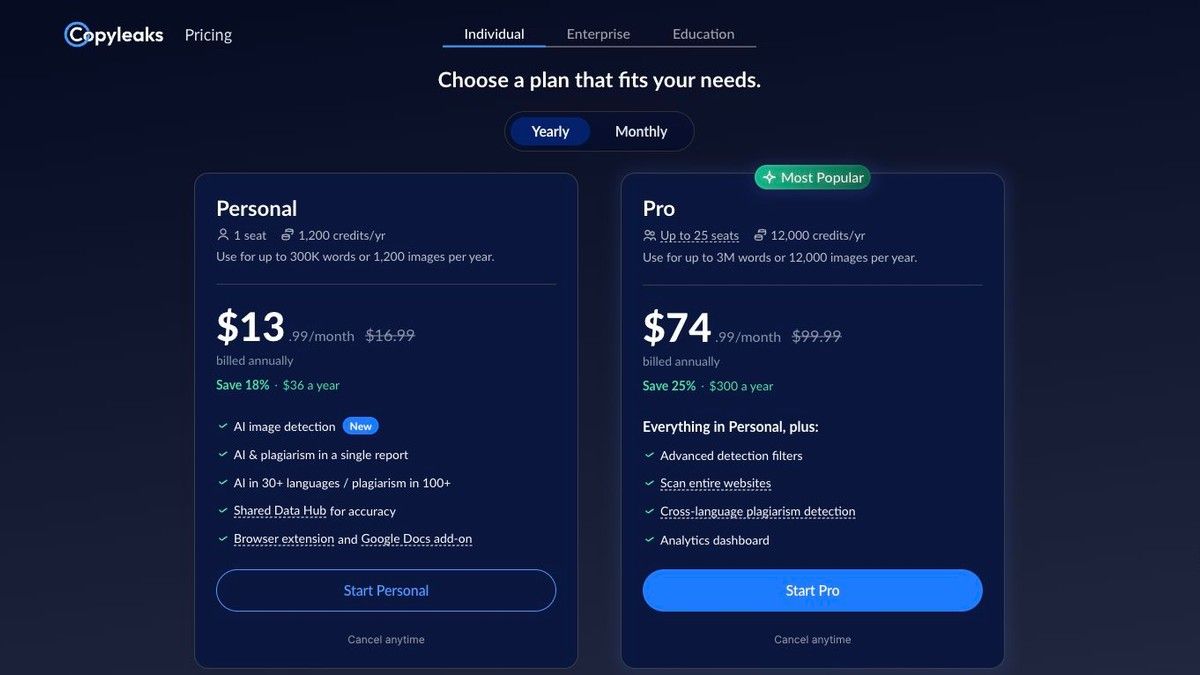 Copyleaks pricing page showing Personal and Pro plans