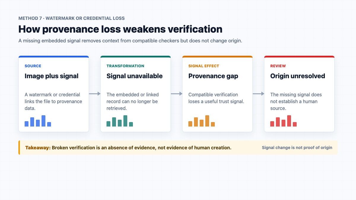 Flowchart explaining how watermark or credential loss weakens provenance verification