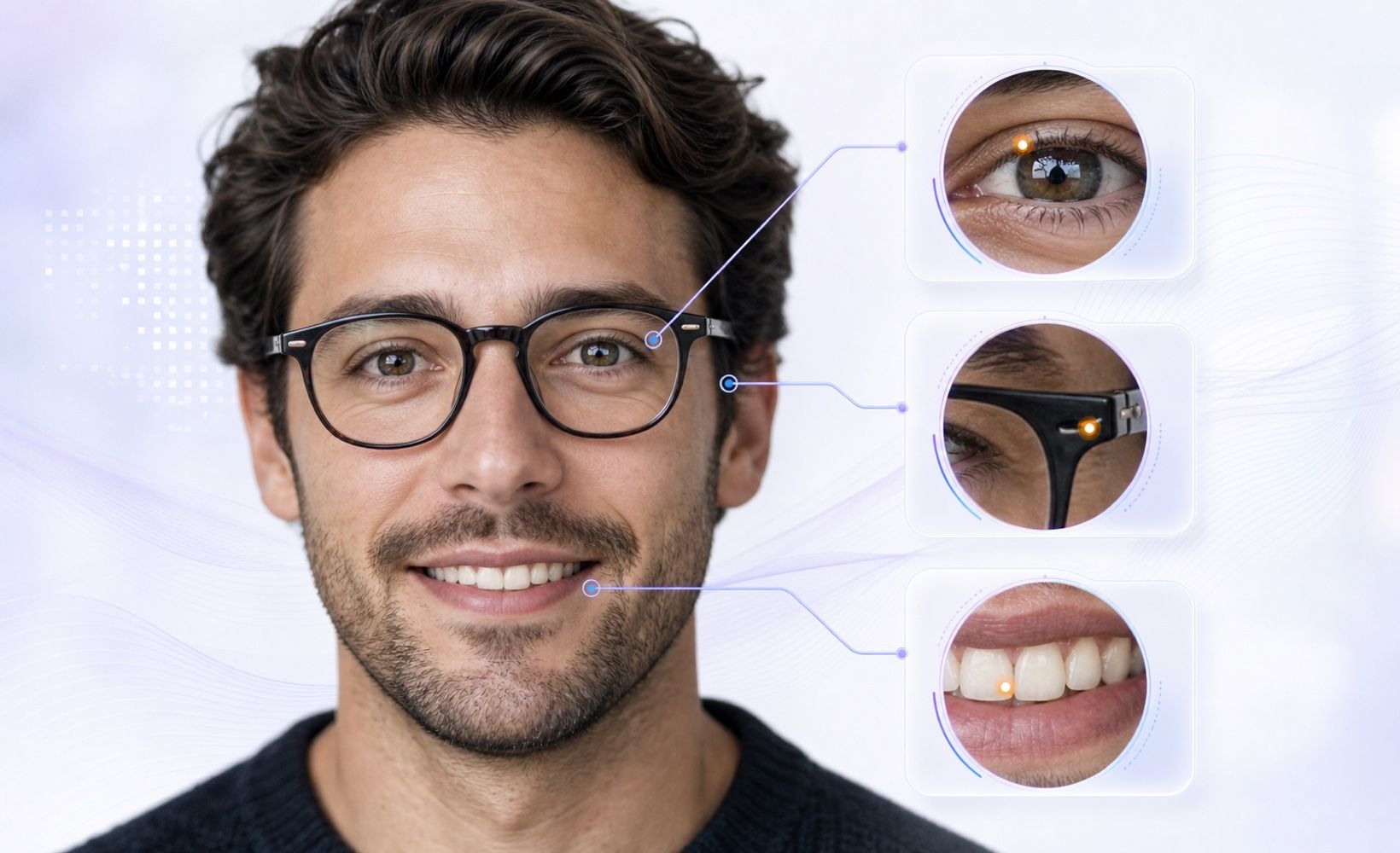 Inspection of eyes, teeth, and glasses for inconsistent details