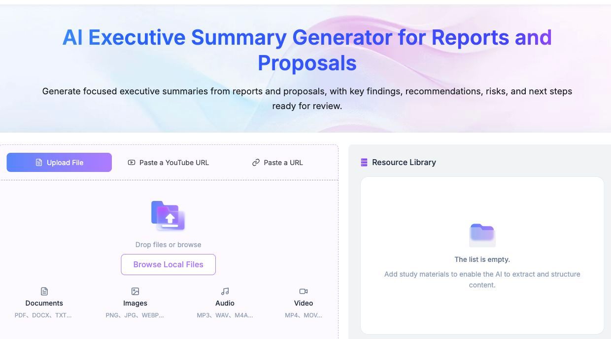Lynote Executive Summary Generator upload interface for reports and proposals