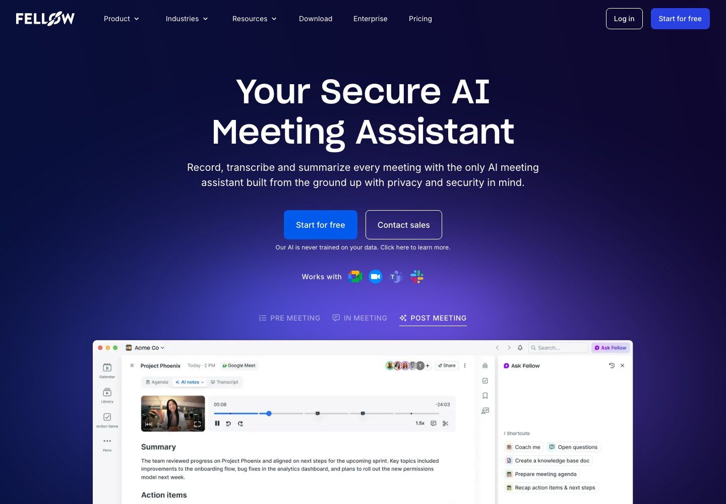 Fellow official interface showing AI meeting notes and Ask Fellow
