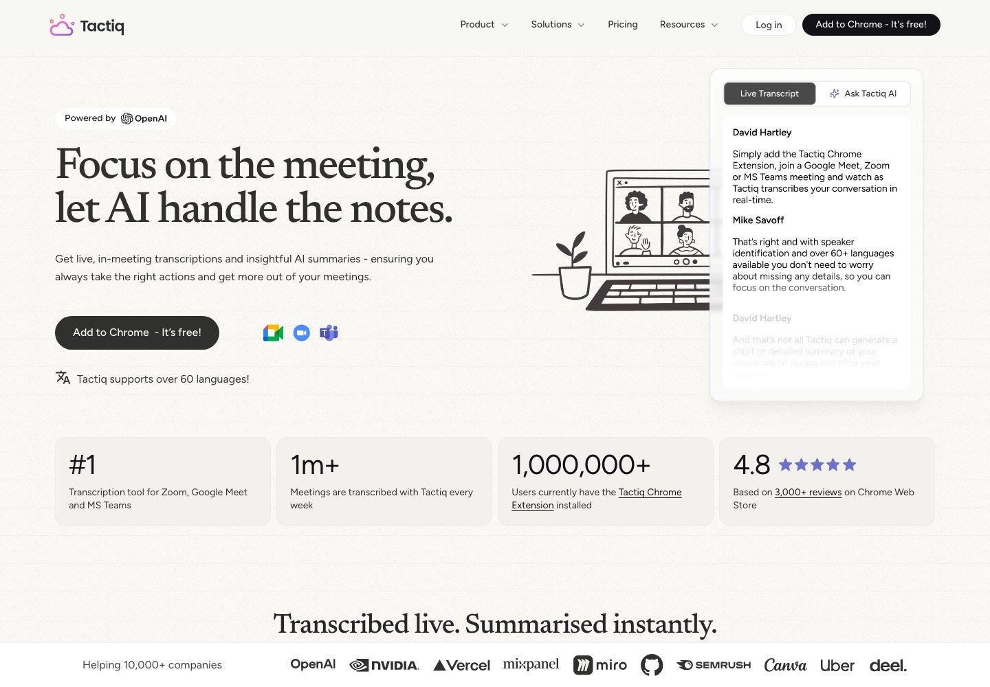 Tactiq official interface showing live meeting transcription