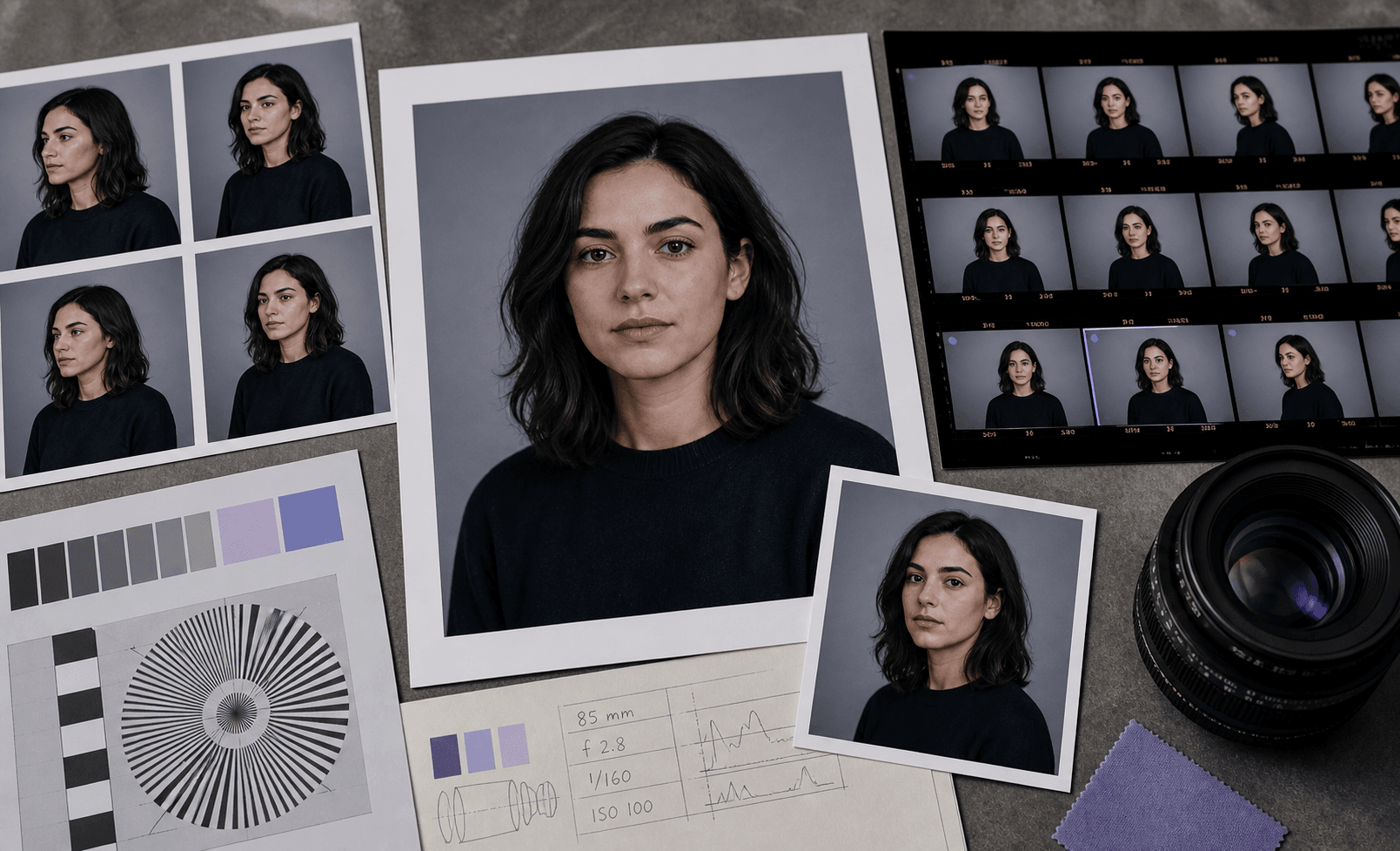 Profile portrait shown with contact sheets and photographic source materials