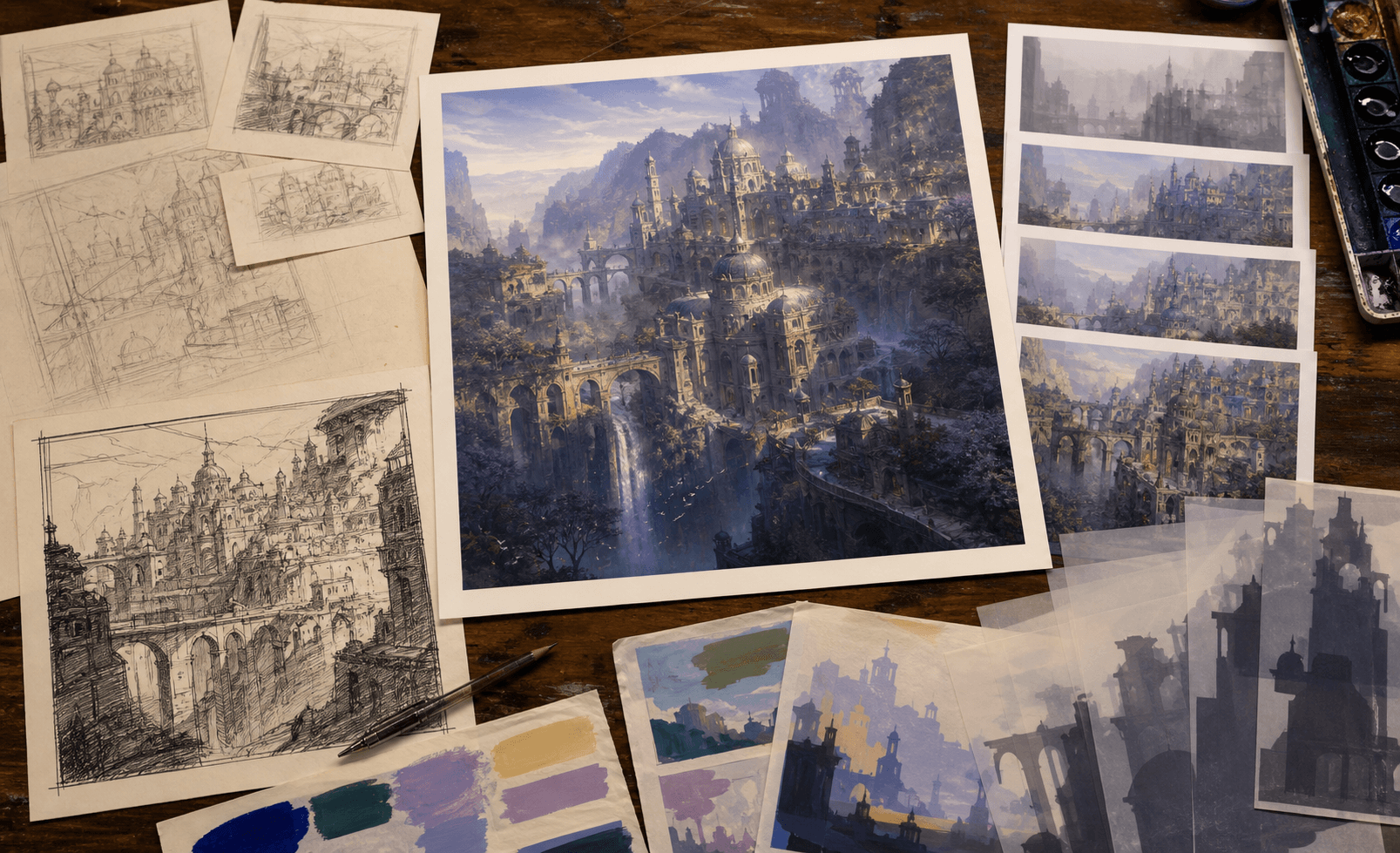 Commissioned artwork compared with sketches and process materials