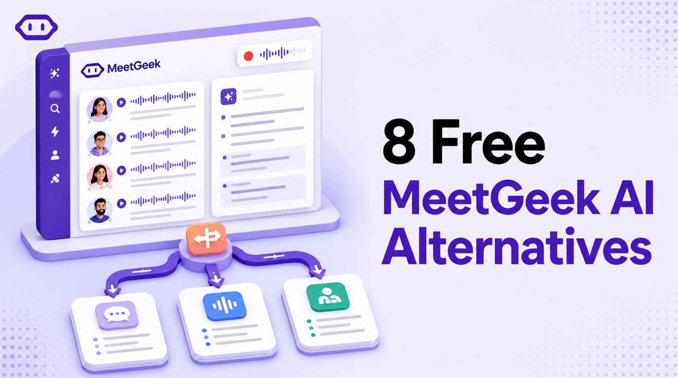 MeetGeek toplantı transkripsiyon arayüzünün yanında gösterilen sekiz ücretsiz MeetGeek yapay zeka alternatifi