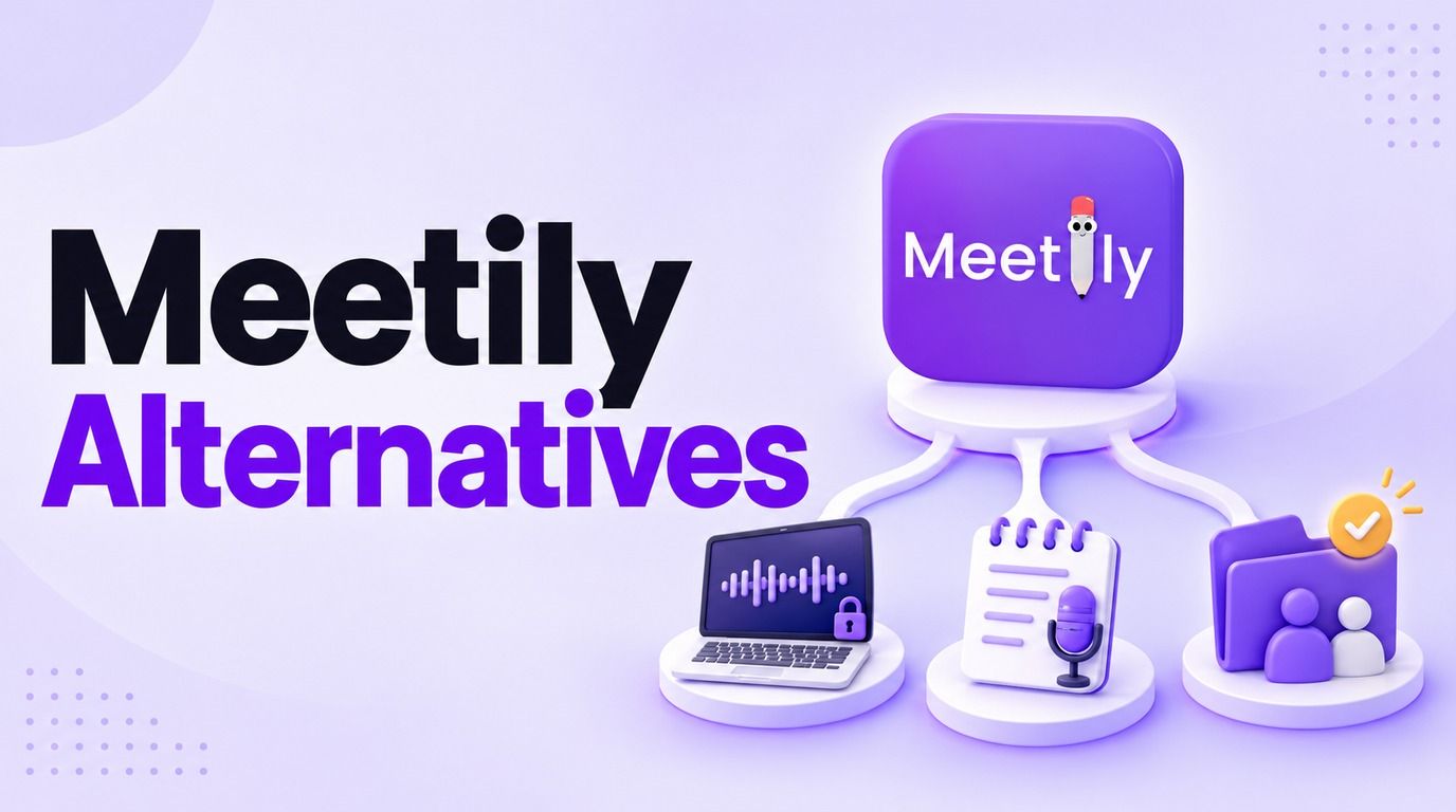 Meetily Alternatives with the official Meetily logo and three meeting-note workflow options