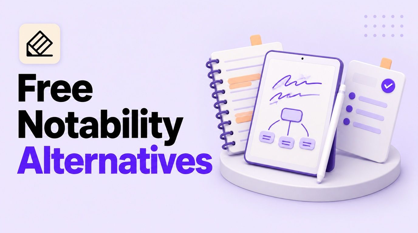 Free Notability Alternatives cover with the official Notability symbol, a handwriting tablet, and notebooks
