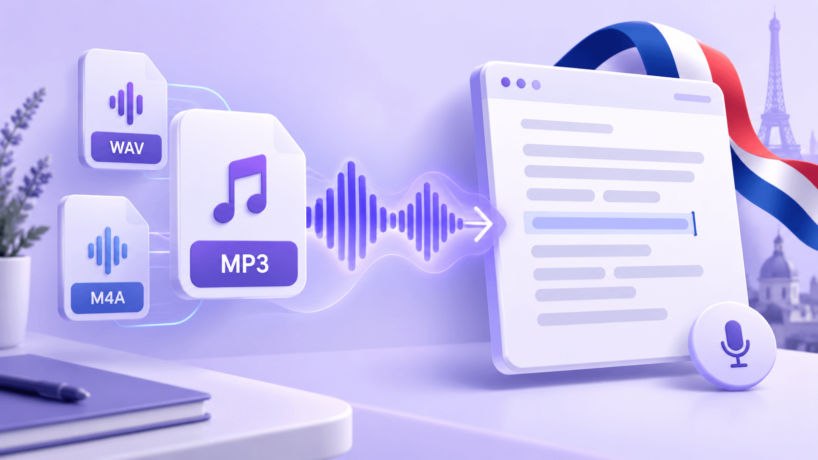 Illustration der unterstützten Dateiformate des Französisch Audio-zu-Text-Konverters