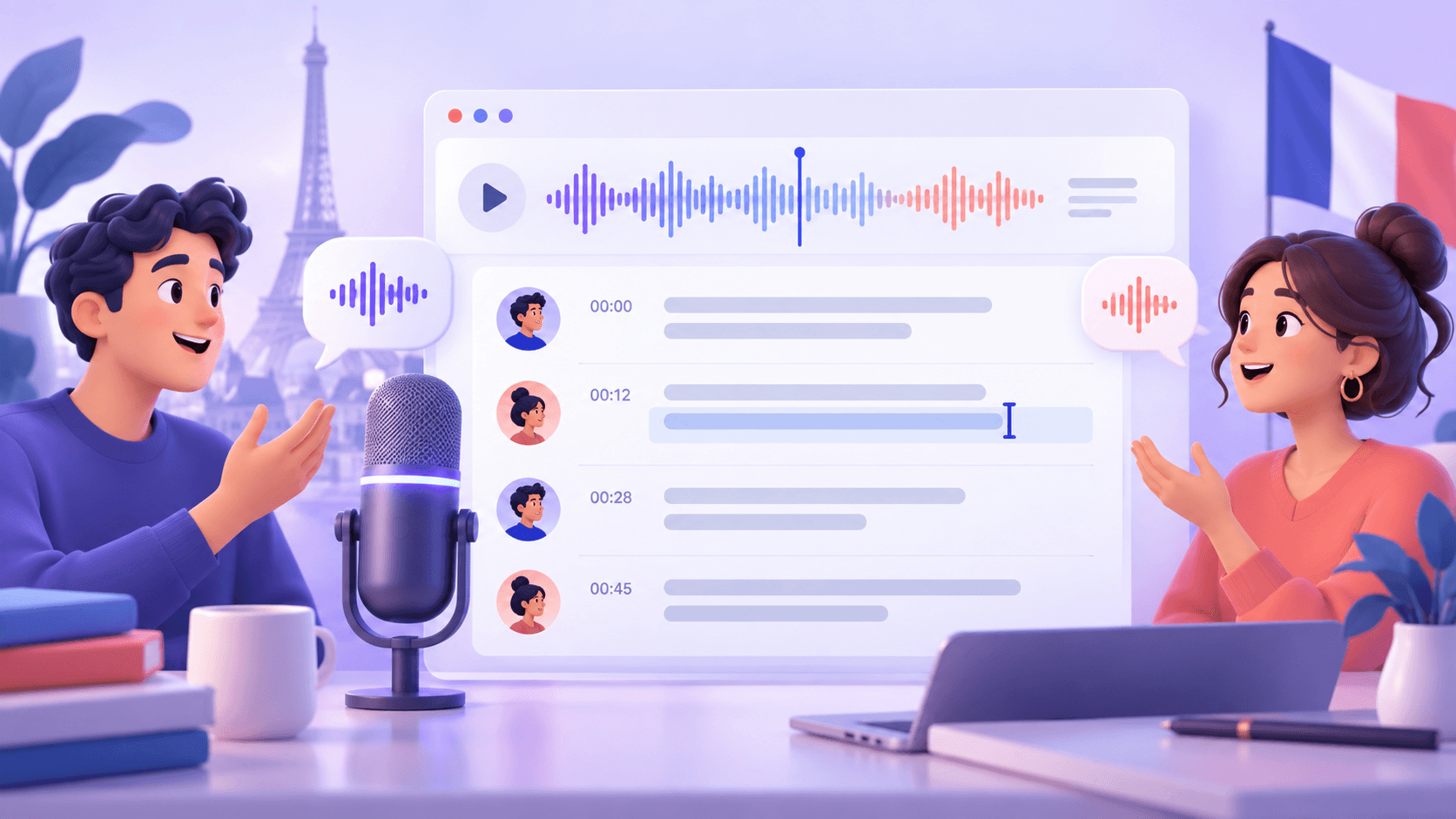 Illustration der Bearbeitung französischer Audio-Transkriptionen und des Sprecherkontexts