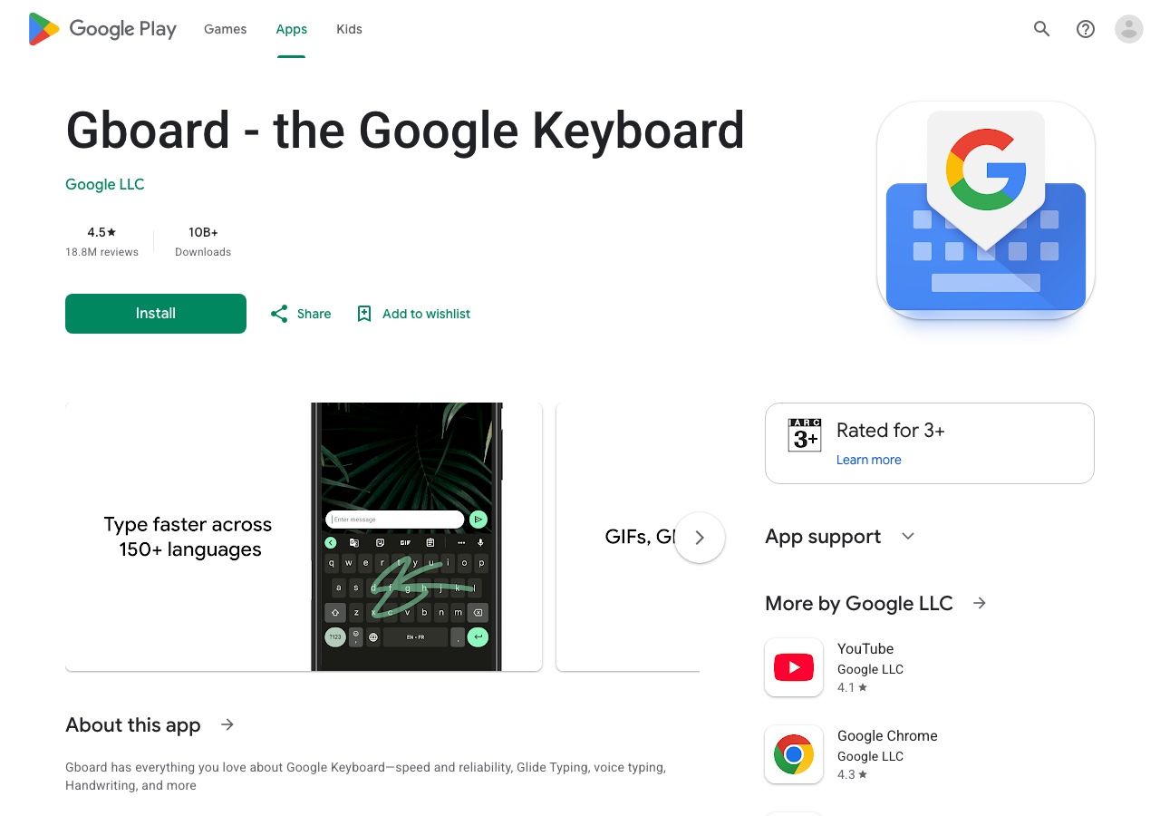Gboard Google Play listing with Android keyboard screenshots