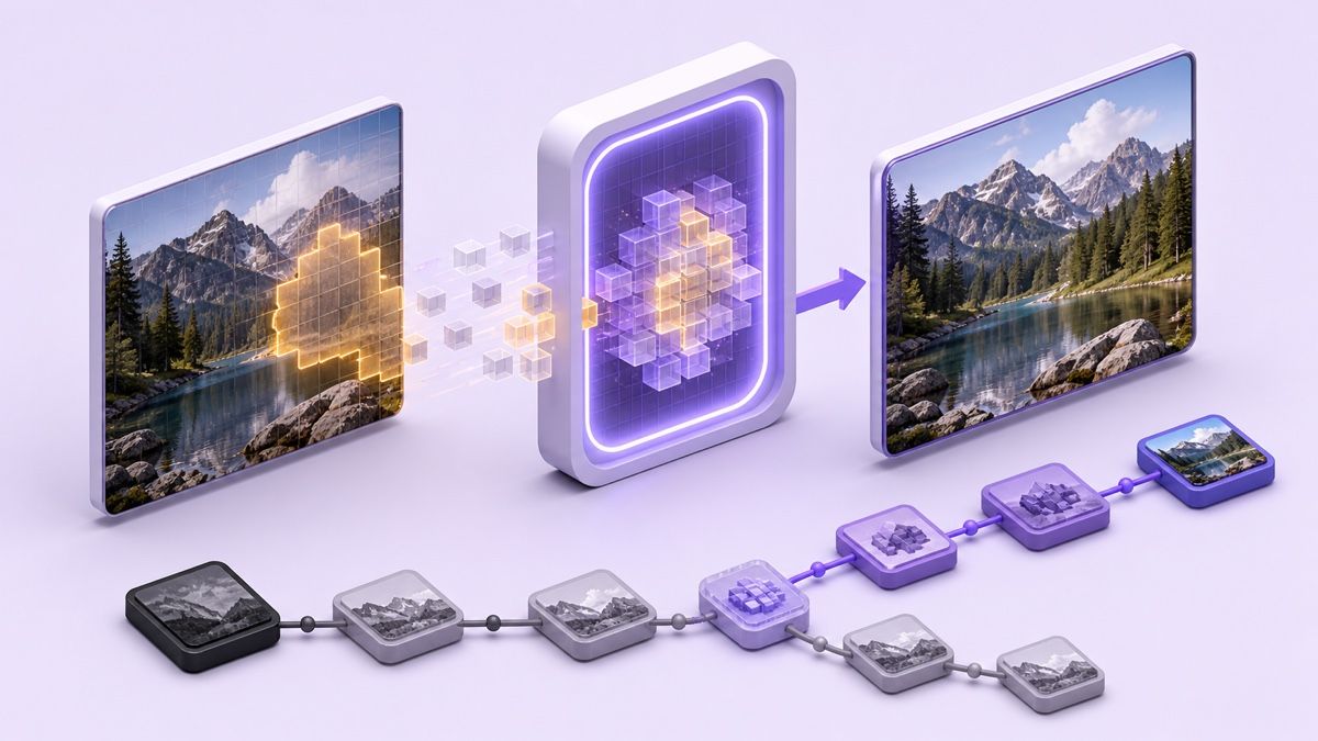 Generative re-rendering reconstructing image regions and adding a synthetic stage