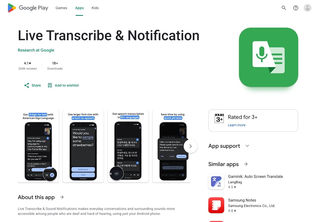 Google Live Transcribe Google Play listing and app screenshots