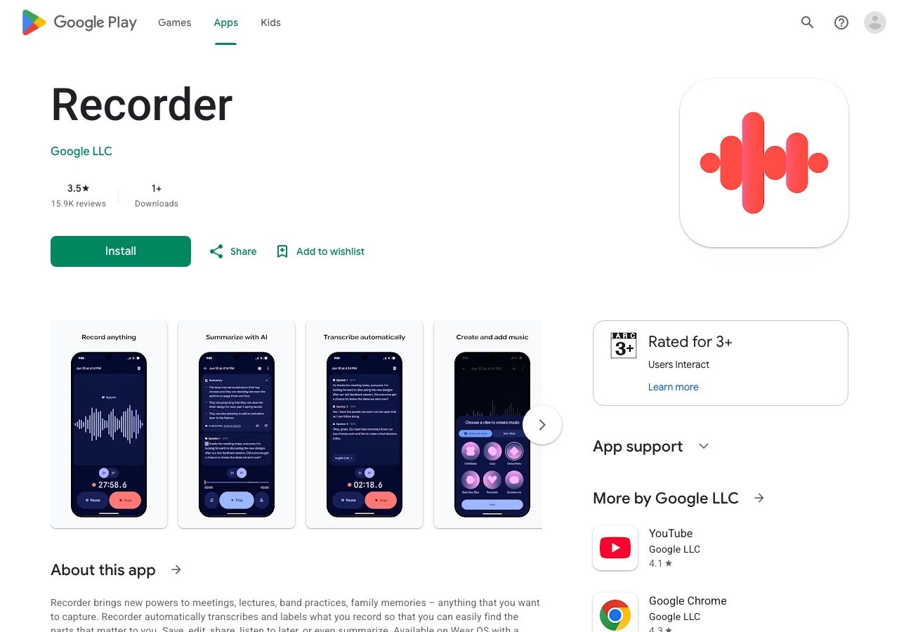 Google Recorder Google Play listing and app screenshots