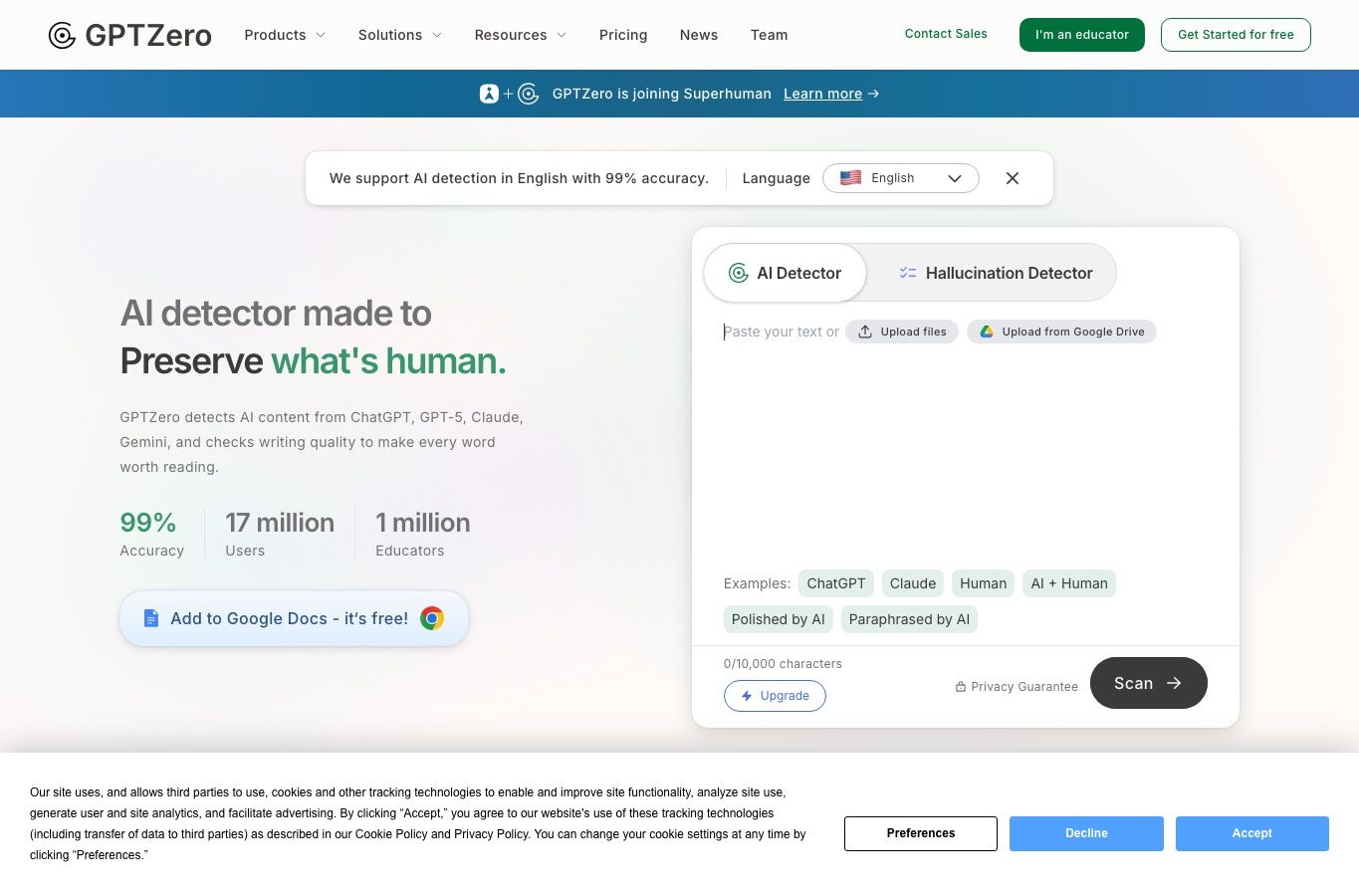 Домашняя страница детектора ИИ GPTZero