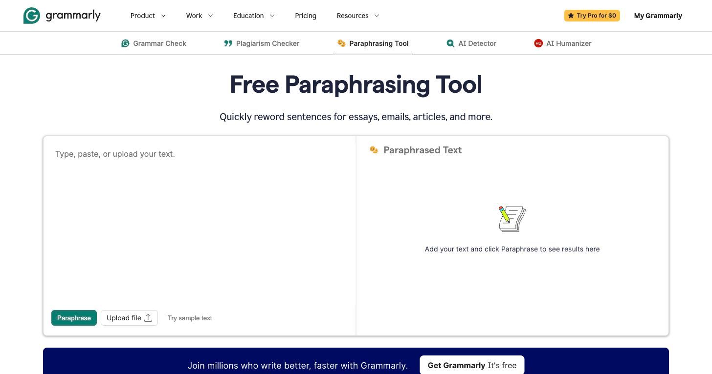 Grammarly paraphrasing tool page
