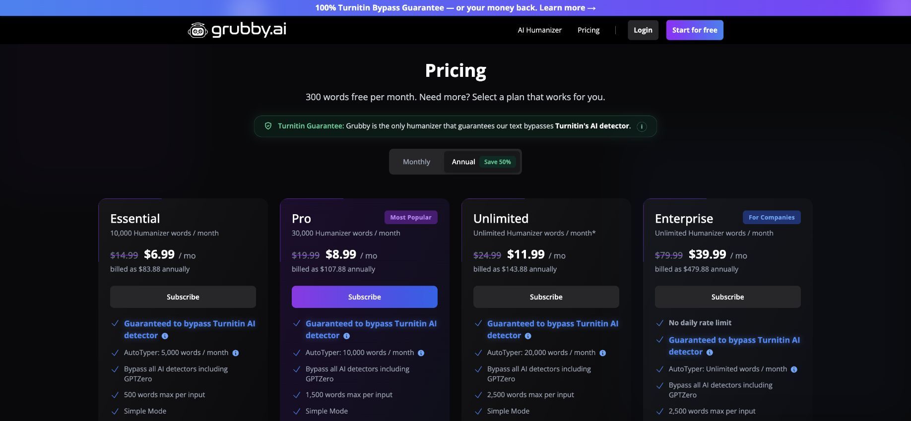 Grubby AI 官方定价页面显示年度套餐价格