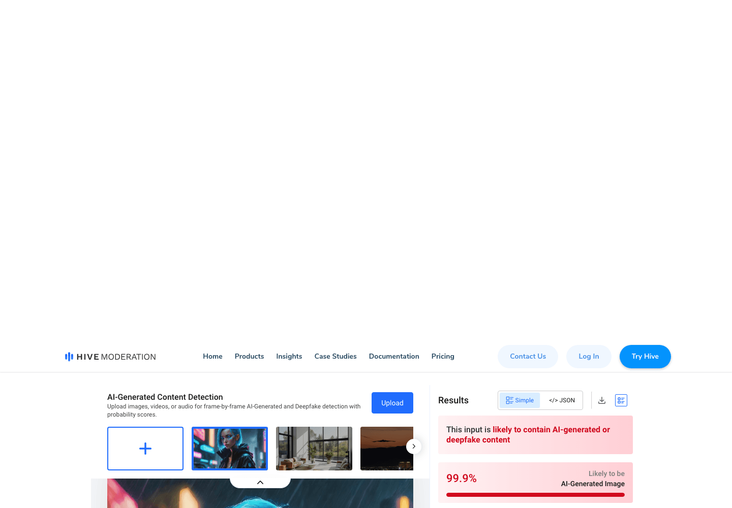Interfaz y resultado de detección de contenido generado por IA de Hive