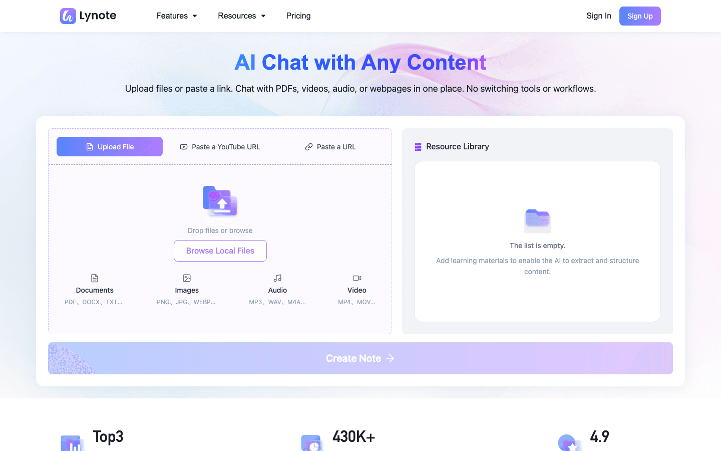 Capture d'écran de la discussion Lynote AI avec contenu téléchargé