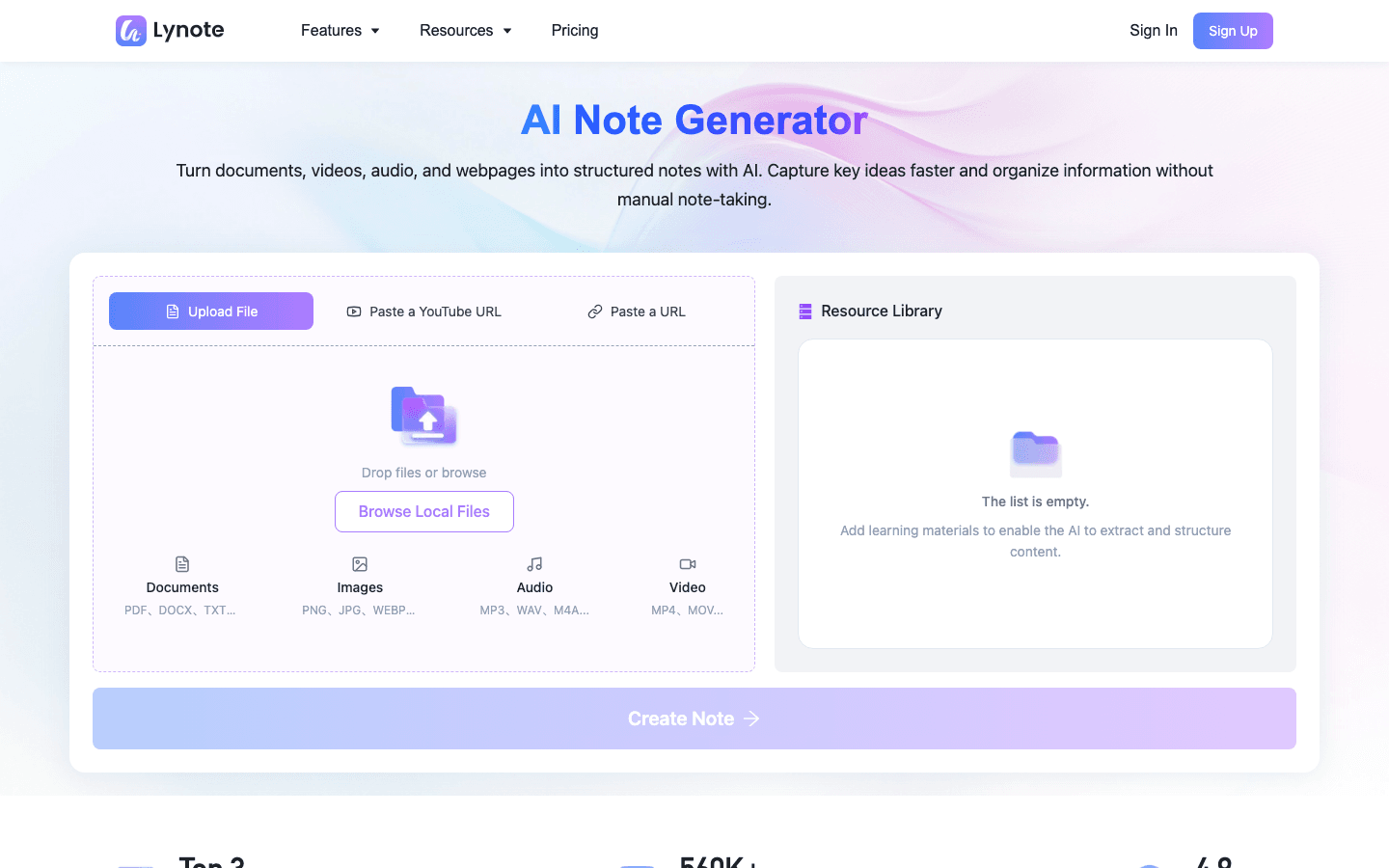 Capture d'écran du générateur de notes Lynote AI avec source téléchargée
