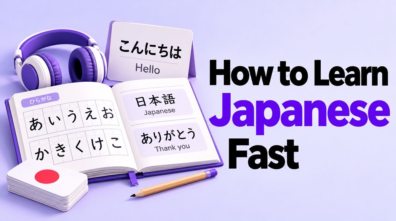 Japanese hiragana workbook and bilingual vocabulary cards beside the headline How to Learn Japanese Fast