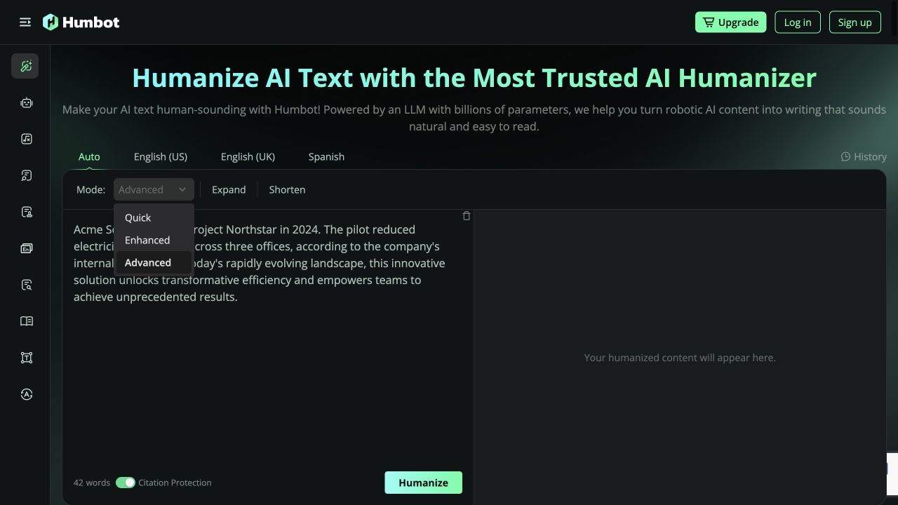 Humbot AI Quick Enhanced and Advanced rewrite modes